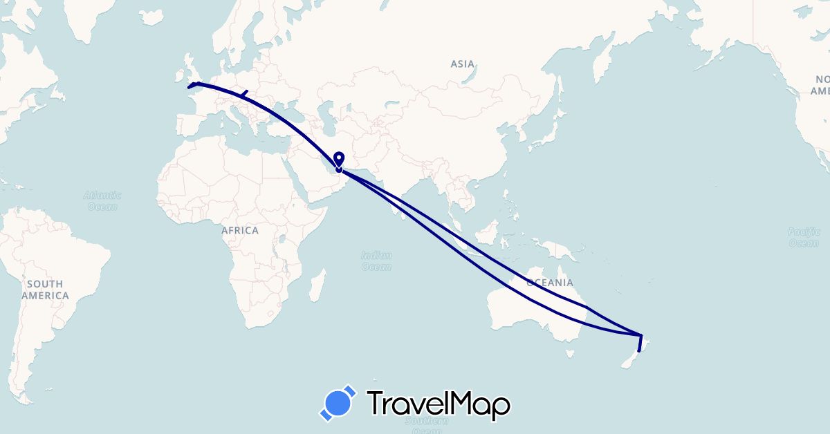 TravelMap itinerary: driving in United Arab Emirates, Austria, Australia, United Kingdom, New Zealand, Slovakia (Asia, Europe, Oceania)